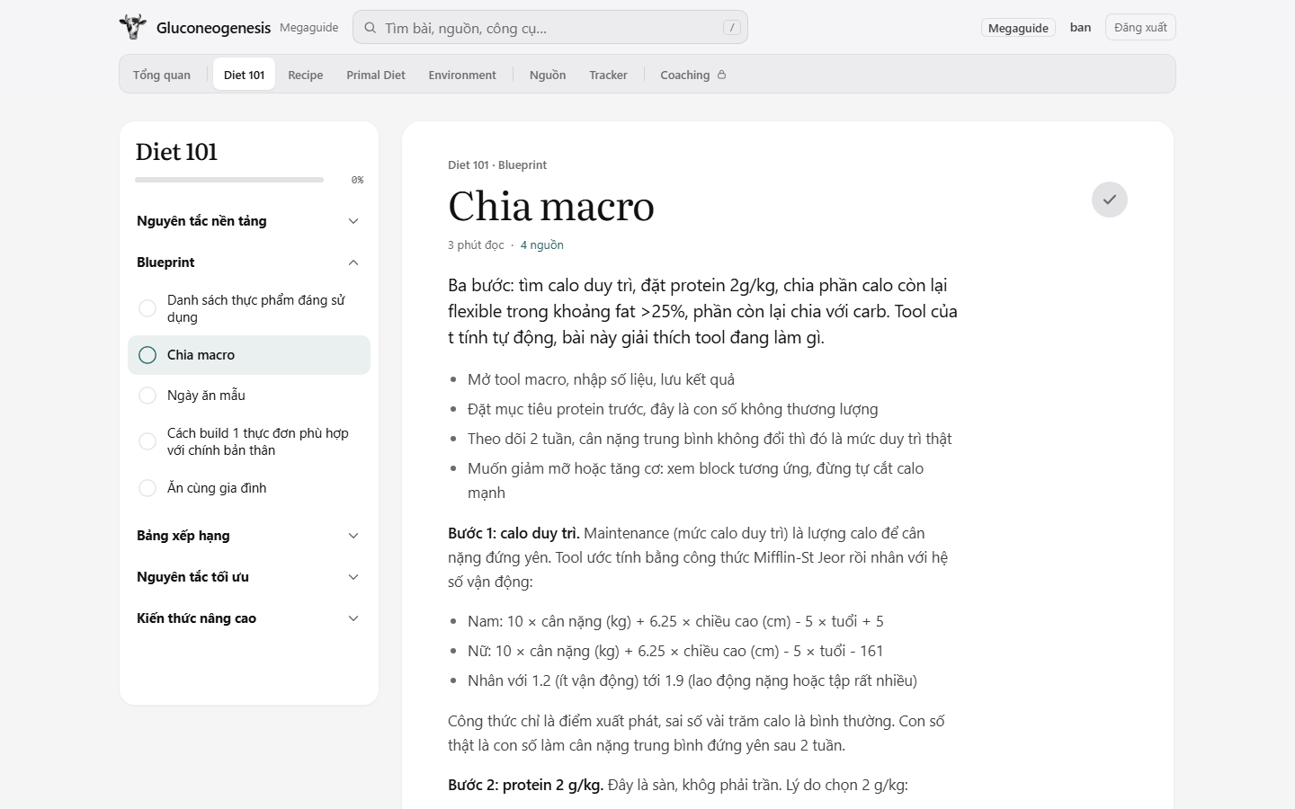 Khu học viên Megaguide: mục lục Diet 101 bên trái, nội dung bài Chia macro bên phải.